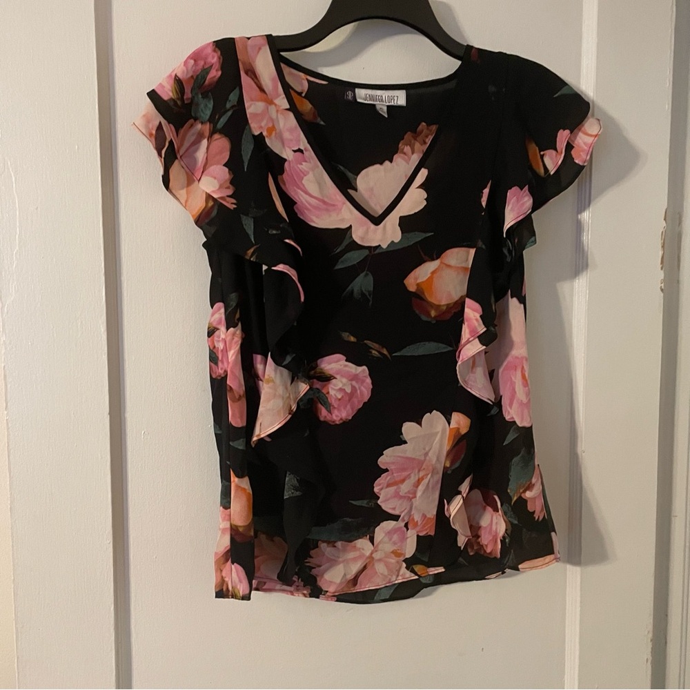Jennifer Lopez Floral Black and Pink Women's Top